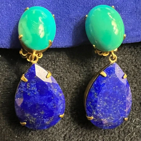Bounkit Lapis and Turquoise Color Drop Clip-On Earrings - Picture 4 of 6
